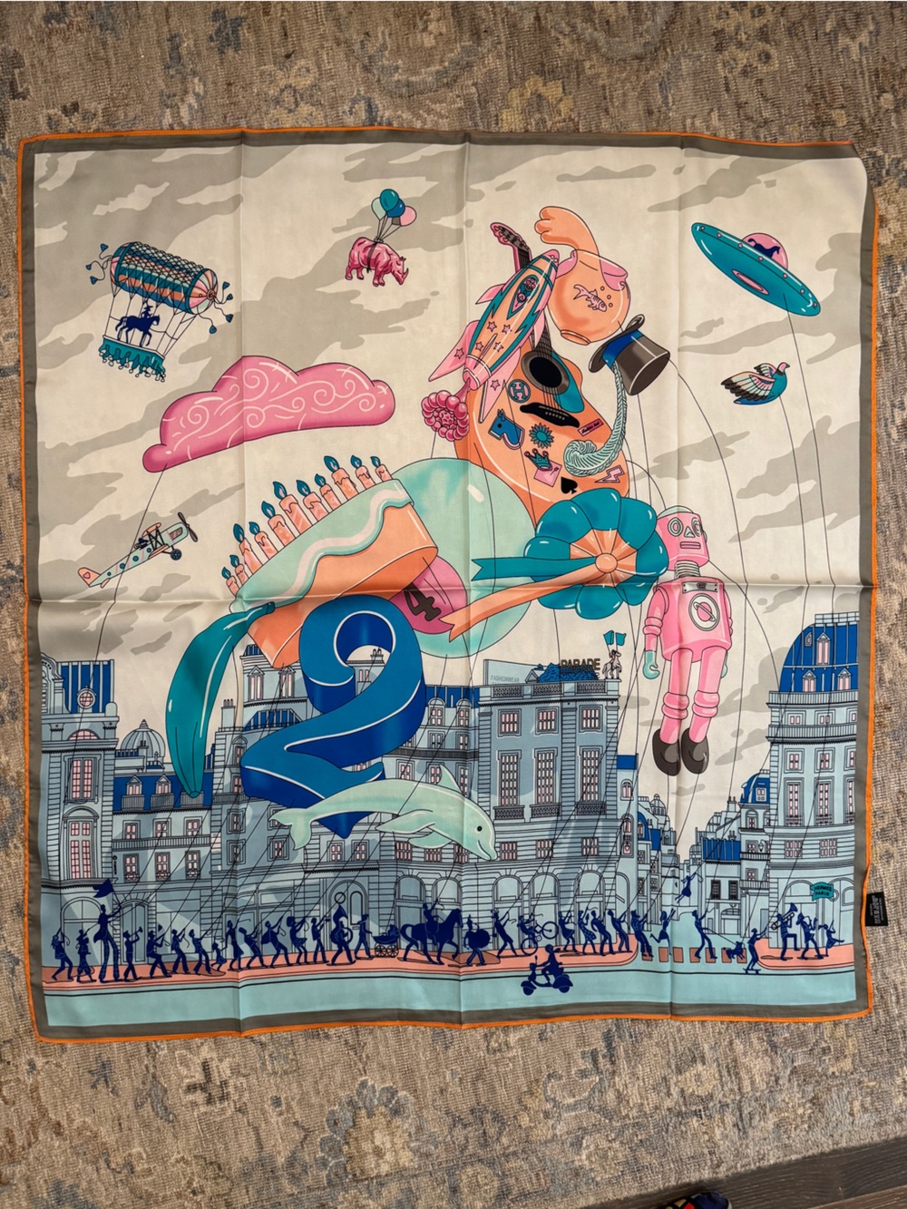 Luxury Illustrated Square Scarf in Teal, Pink, Blue & Orange Trim